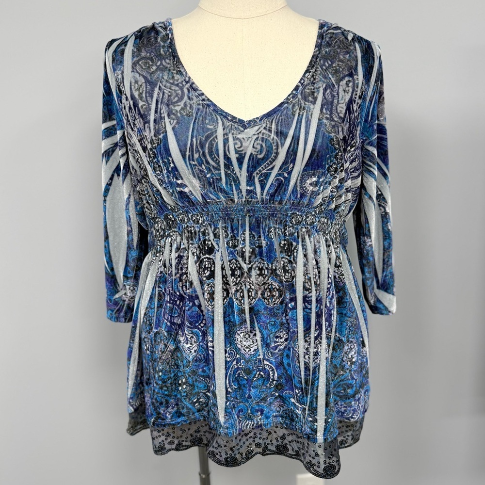 Y2K Babydoll Water Fairy Velvet Top Plus 2X Blue w/Black Lace Beaded Trim Boho